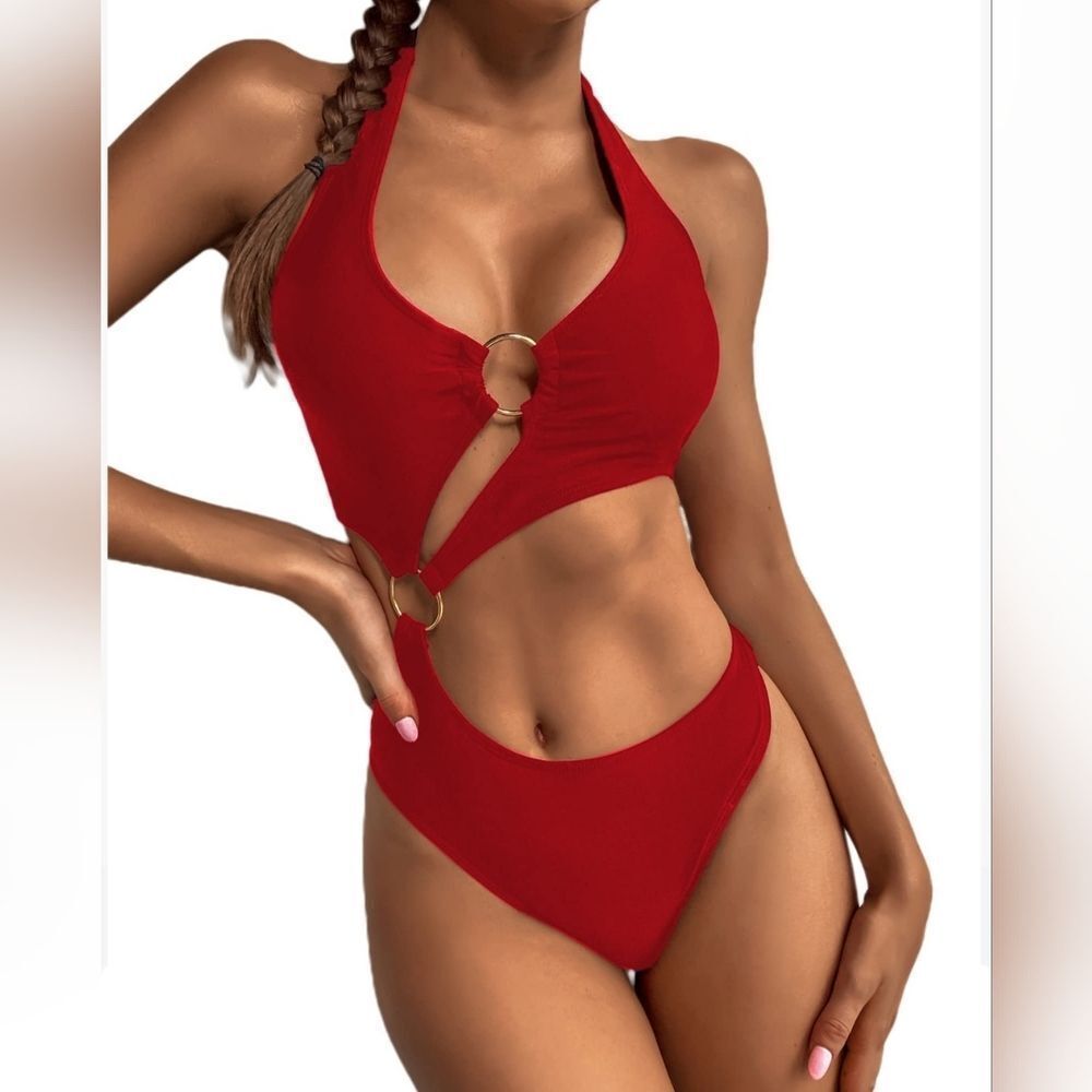 Red One Piece Halter Swimsuit Bathing Suit Women's Size Small